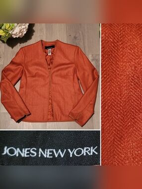 Jones New York Rust Burnt Orange Herringbone Metallic Sheen Crop Blazer, Women 4